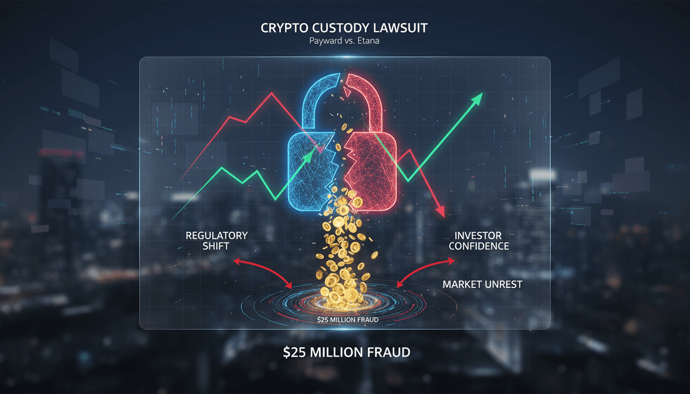 Illustration of legal documents and cryptocurrency symbols representing the Payward vs. Etana lawsuit.