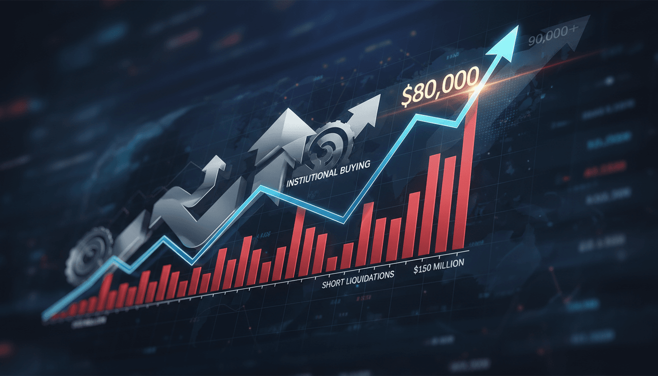 Bitcoin price chart showing surge past $80,000 with liquidations