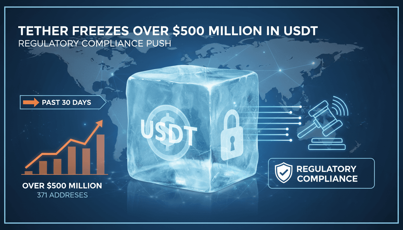 Tether logo with a backdrop of cryptocurrency compliance graphics