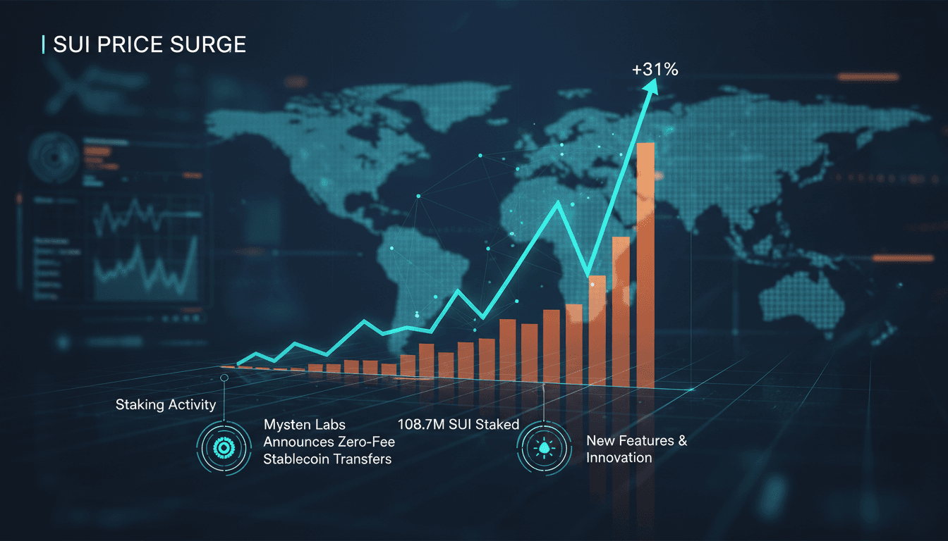 SUI cryptocurrency price chart showing recent surge and staking activities.