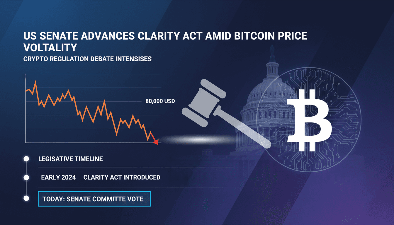 US Senate hearing on the CLARITY Act with Bitcoin price chart