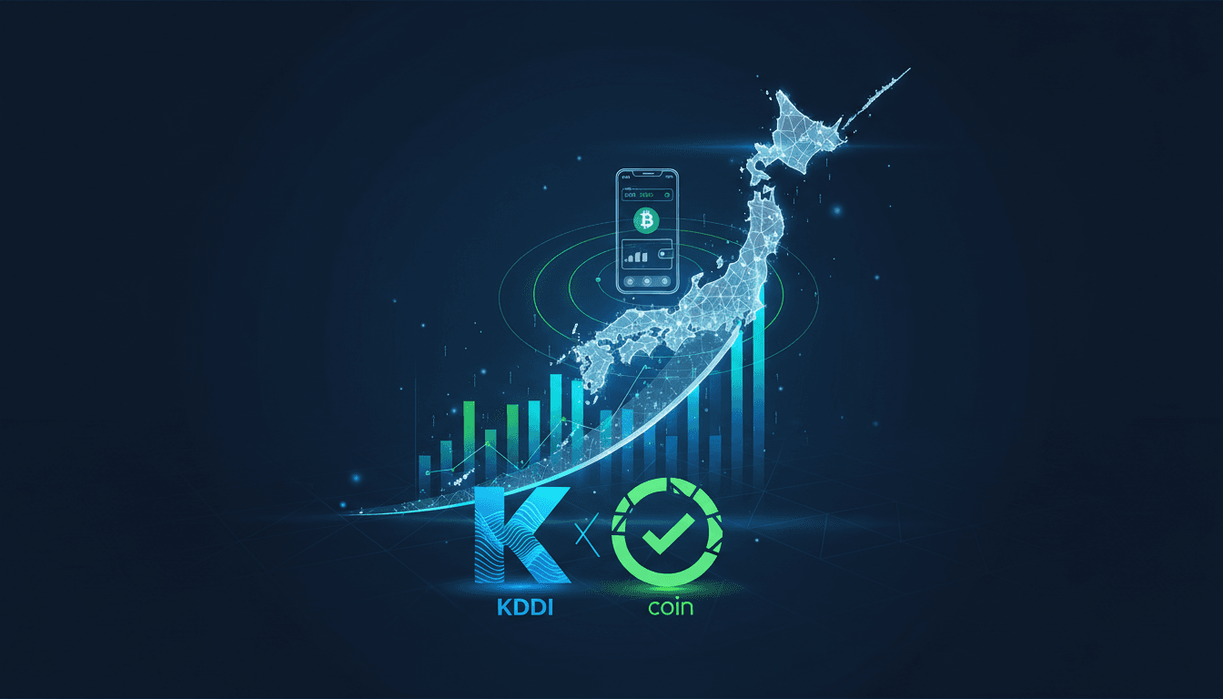 KDDI Corporation logo with cryptocurrency graphics