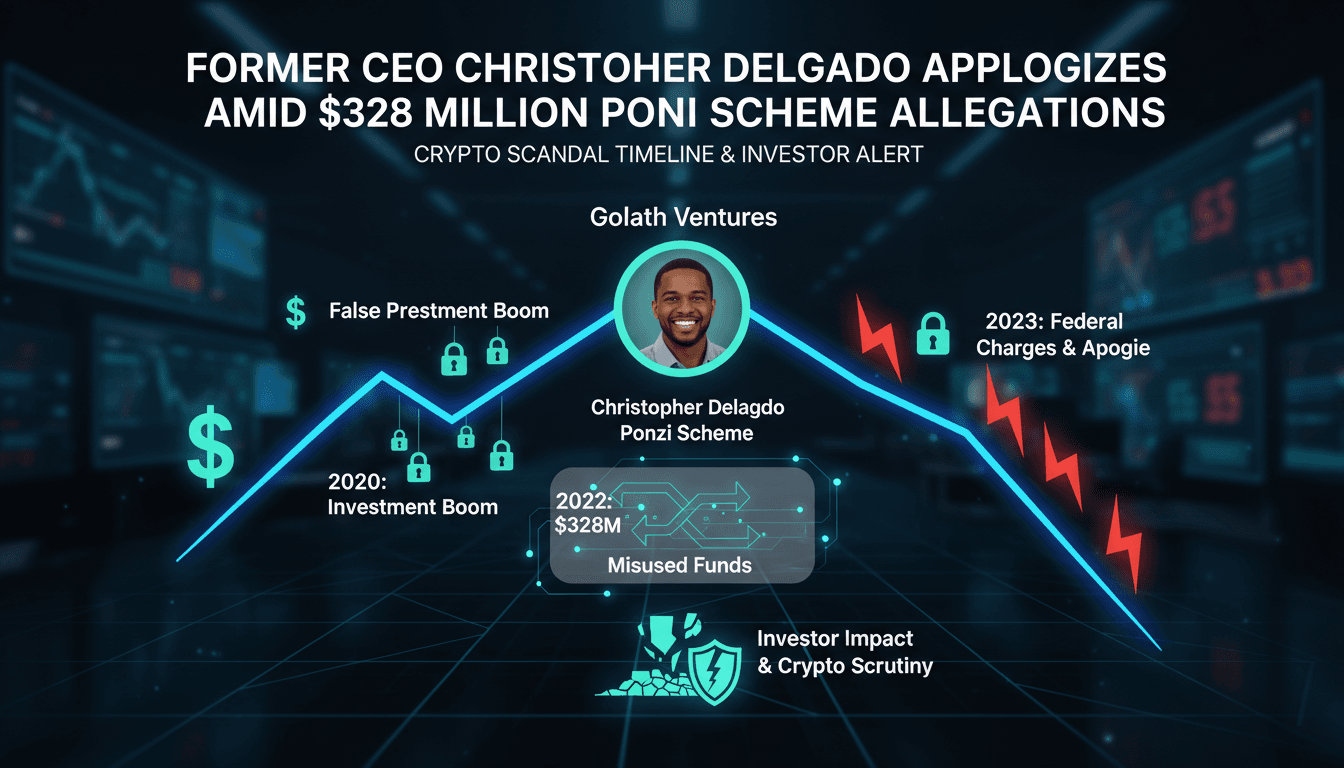 Christopher Delgado during his televised apology regarding Ponzi scheme allegations.