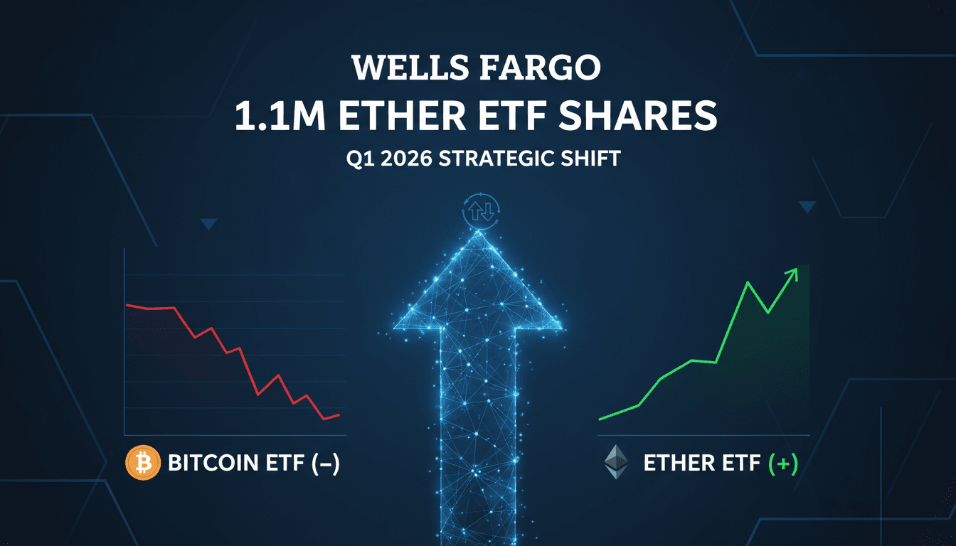 Wells Fargo logo with cryptocurrency graphics