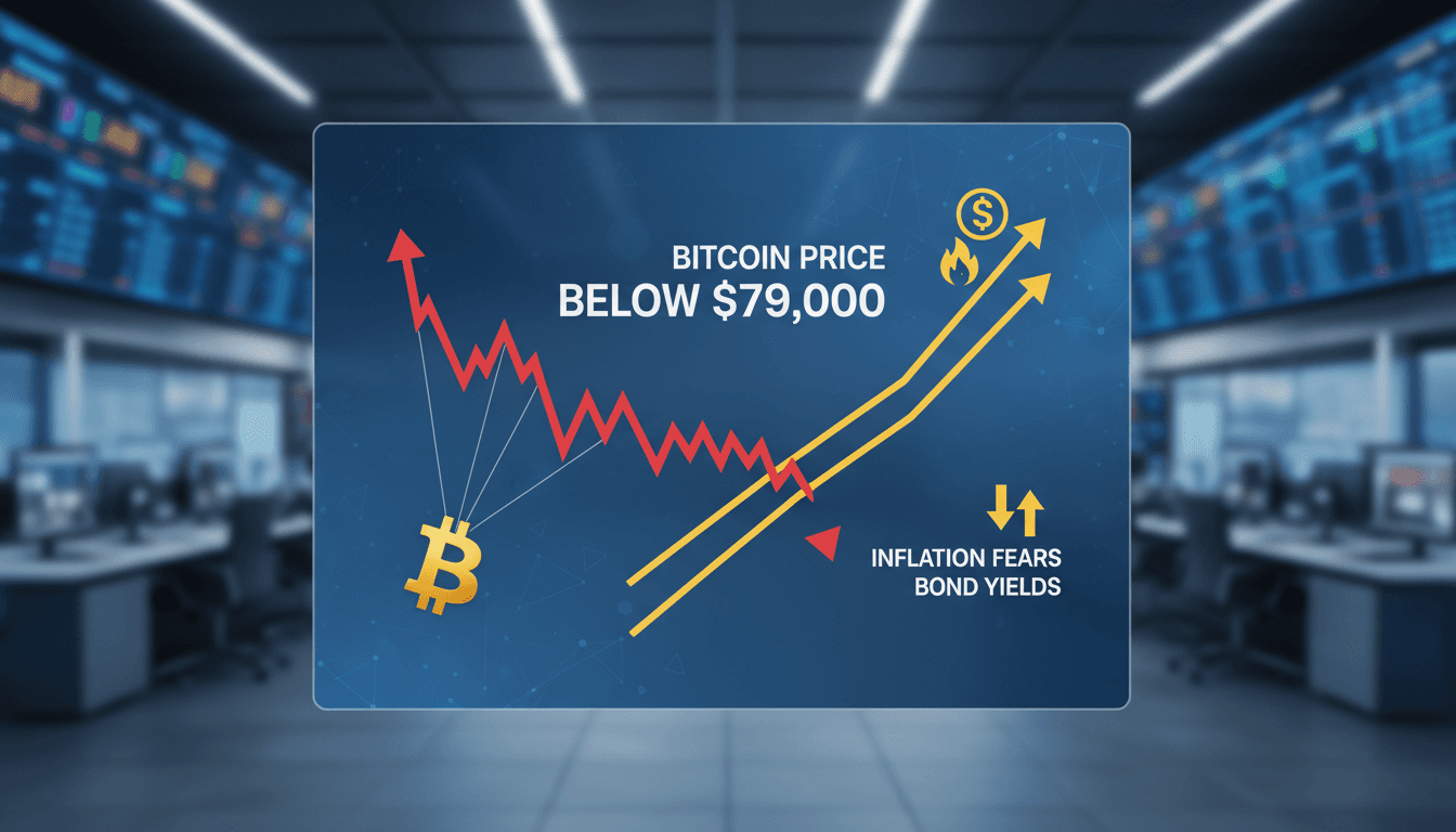 Bitcoin price chart showing decline below $79,000 amidst economic factors