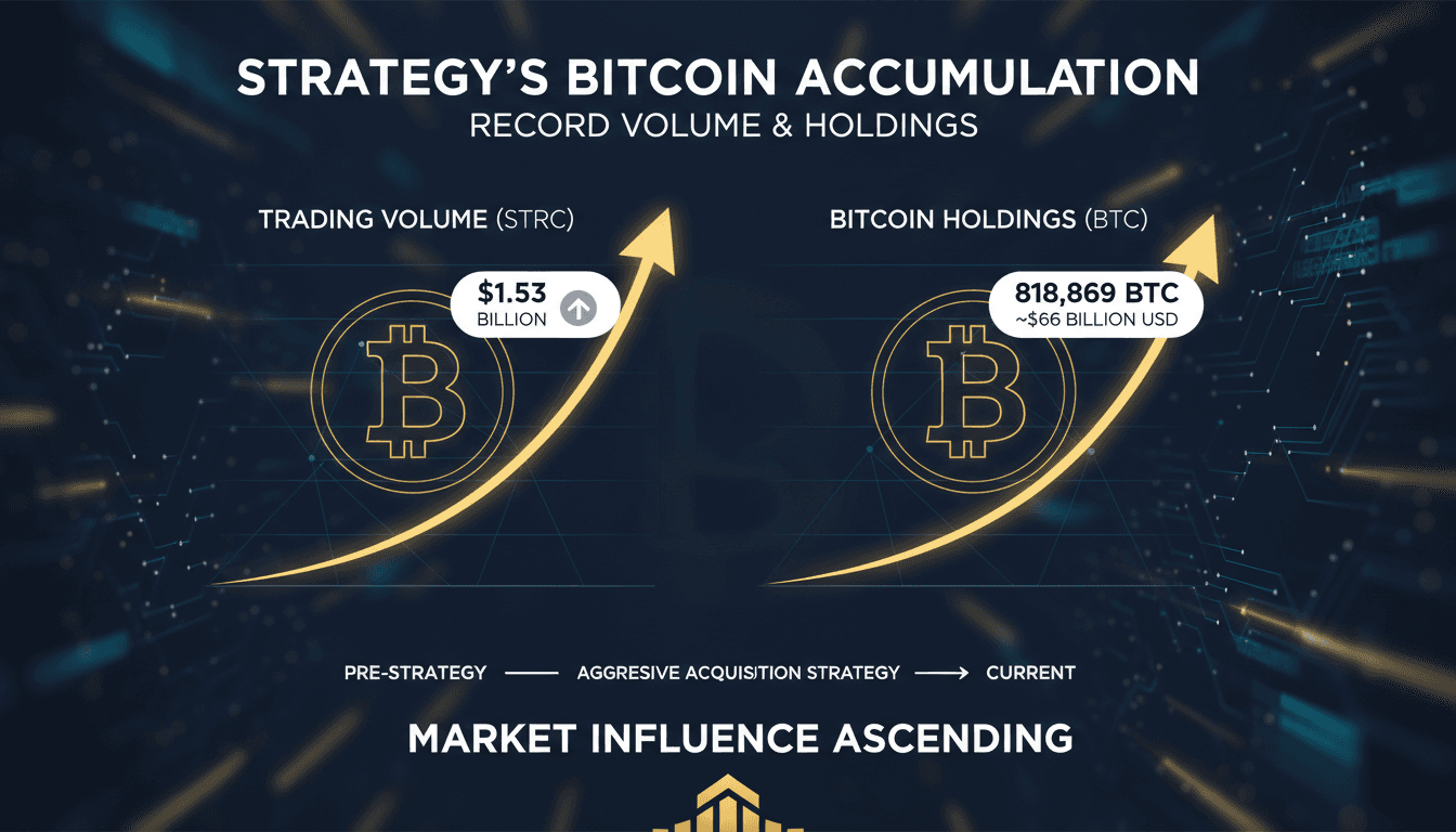 Strategy's STRC stock trading volume and Bitcoin acquisition strategy visual