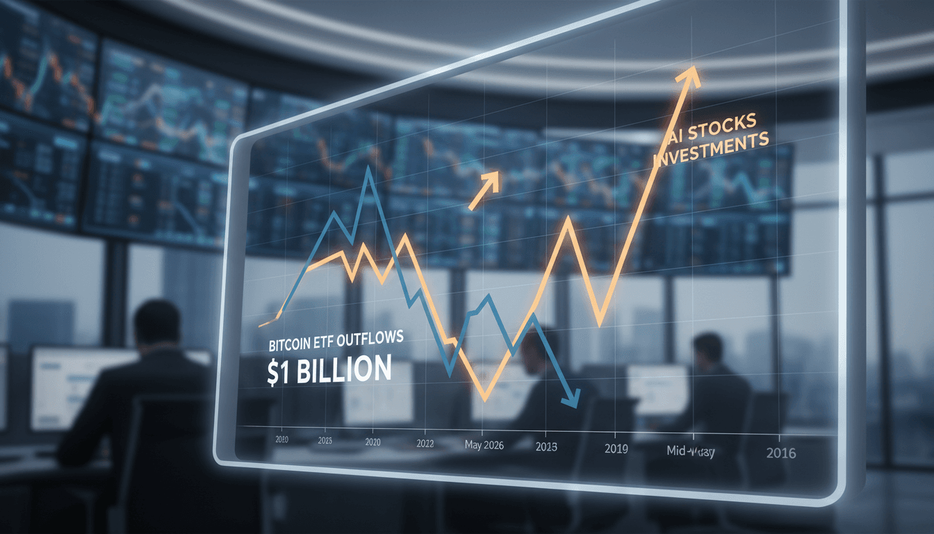 Graph showing Bitcoin ETF inflows and outflows alongside AI stock trends.