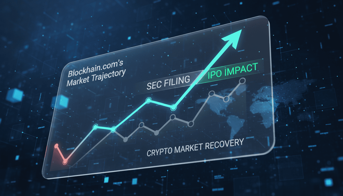 Blockchain.com logo with a backdrop of cryptocurrency market trends