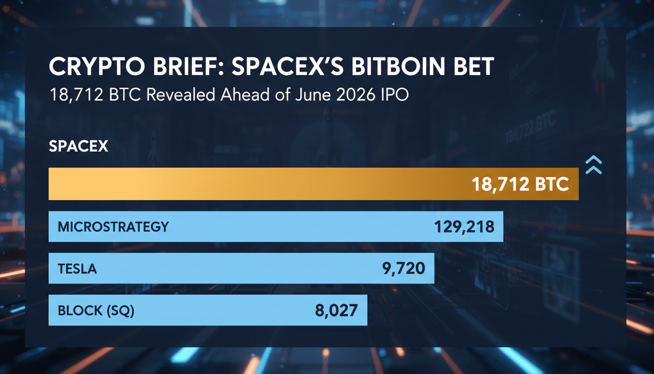 SpaceX logo with Bitcoin symbol and IPO announcement graphics