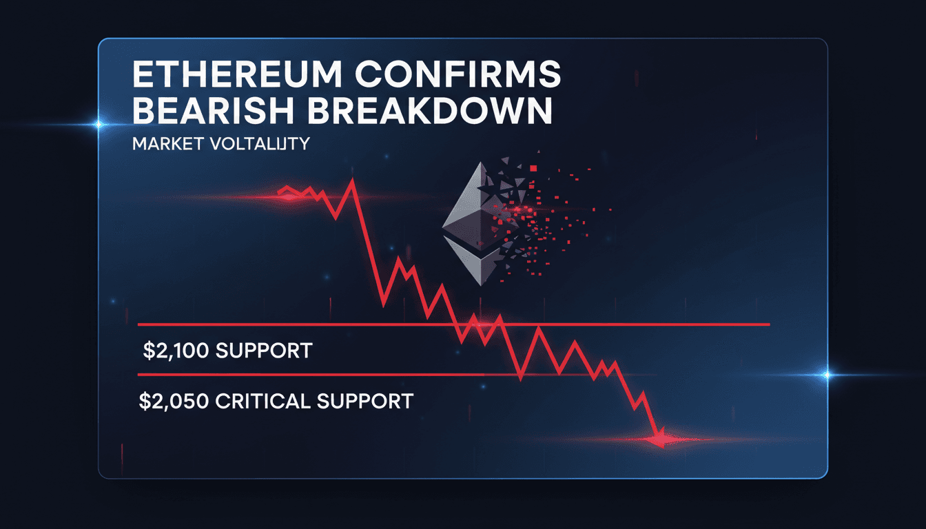 Ethereum price chart showing bearish breakdown and support levels