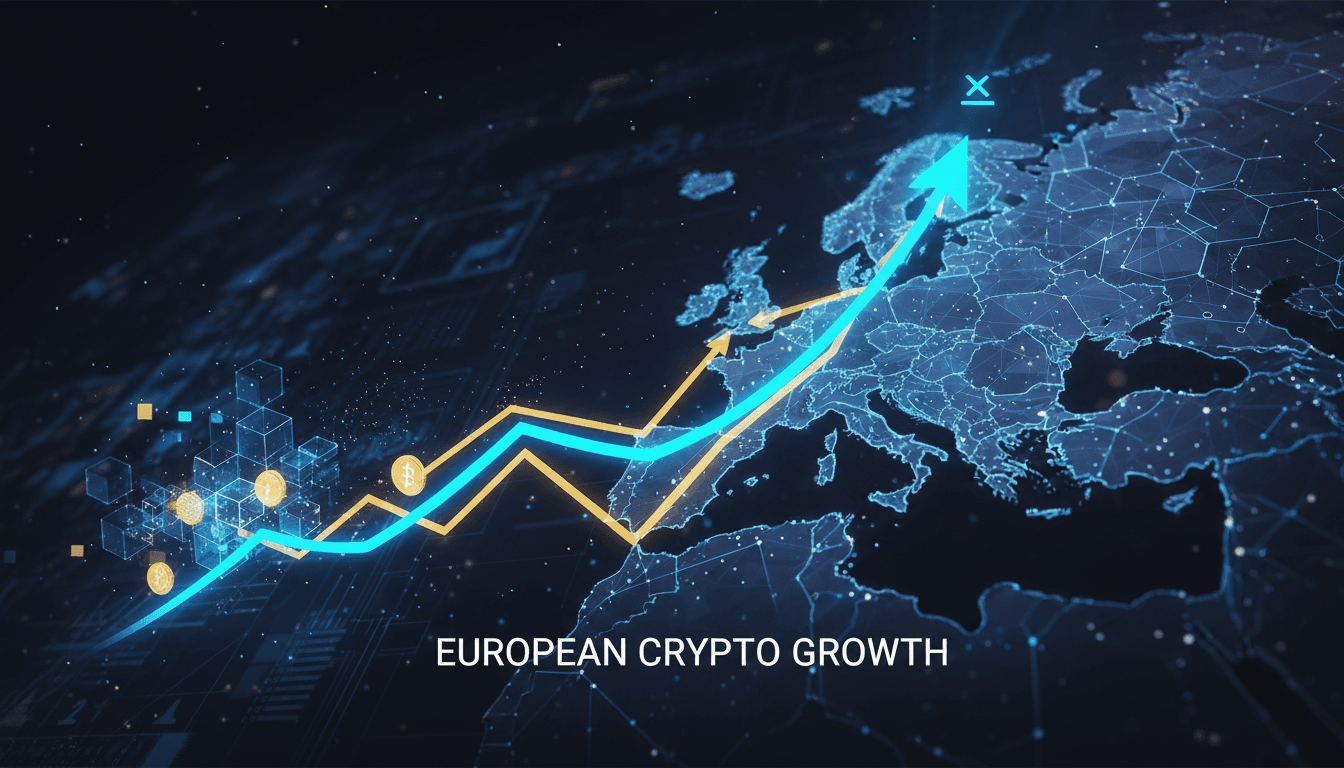 IG Group logo with cryptocurrency symbols and European map background.