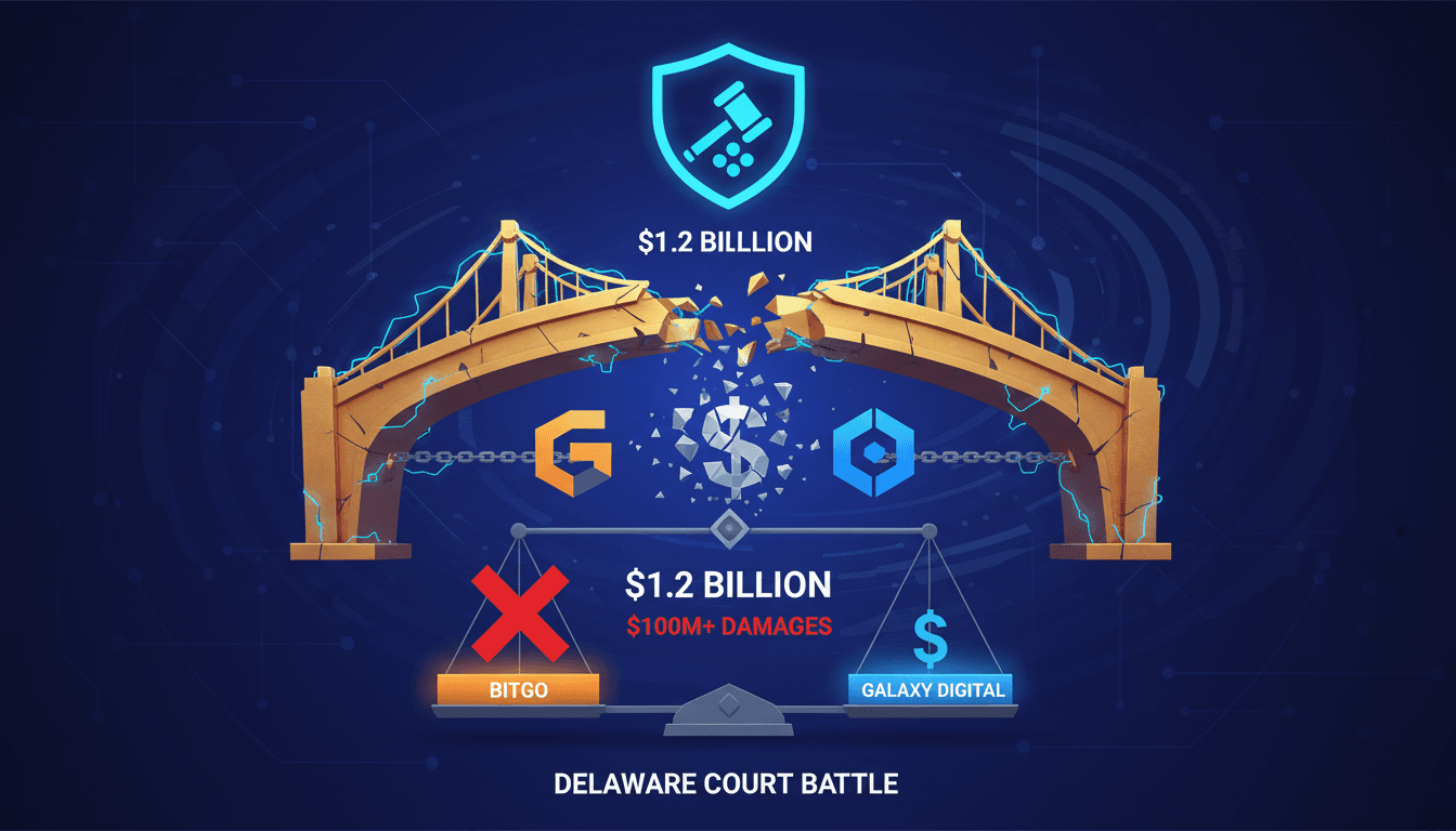 Courtroom scene depicting the legal battle between Galaxy Digital and BitGo over their failed merger.