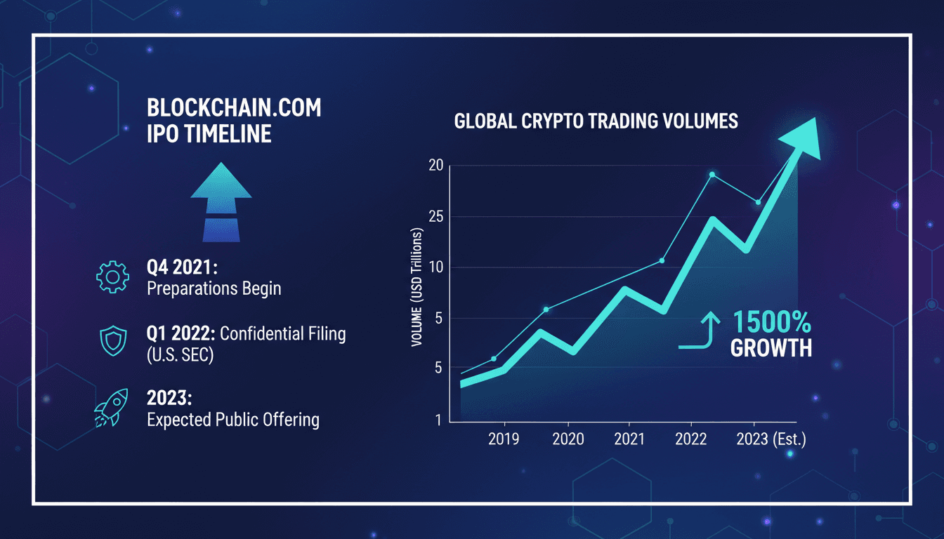 Infographic detailing Blockchain.com's IPO timeline and global crypto trading volume growth.