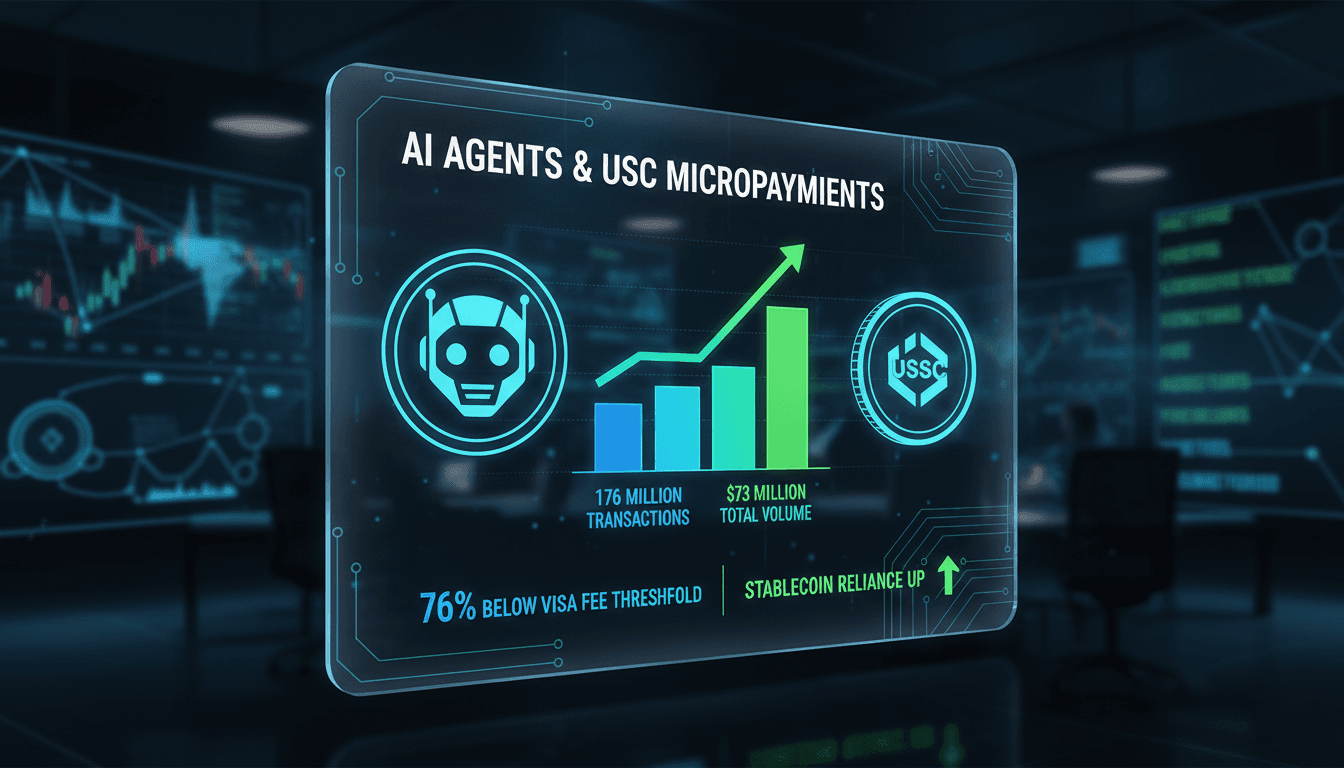 Illustration of AI agents utilizing USDC stablecoin for transactions.