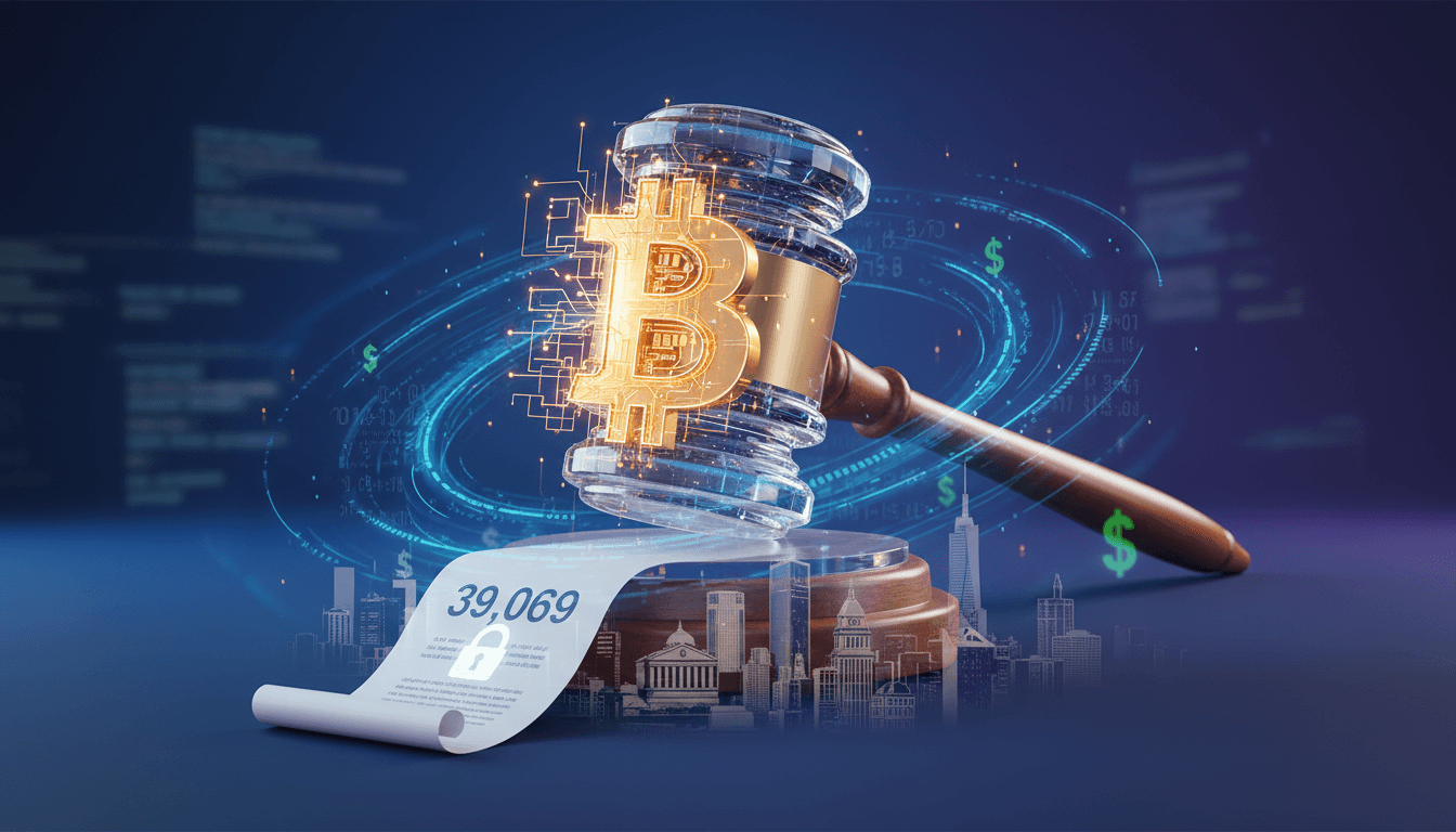 Illustration of Bitcoin wallets and legal documents in a courtroom setting.