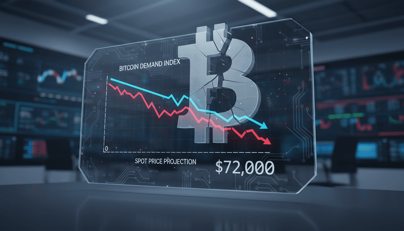 Bitcoin price chart showing declining demand metrics and potential price drop.