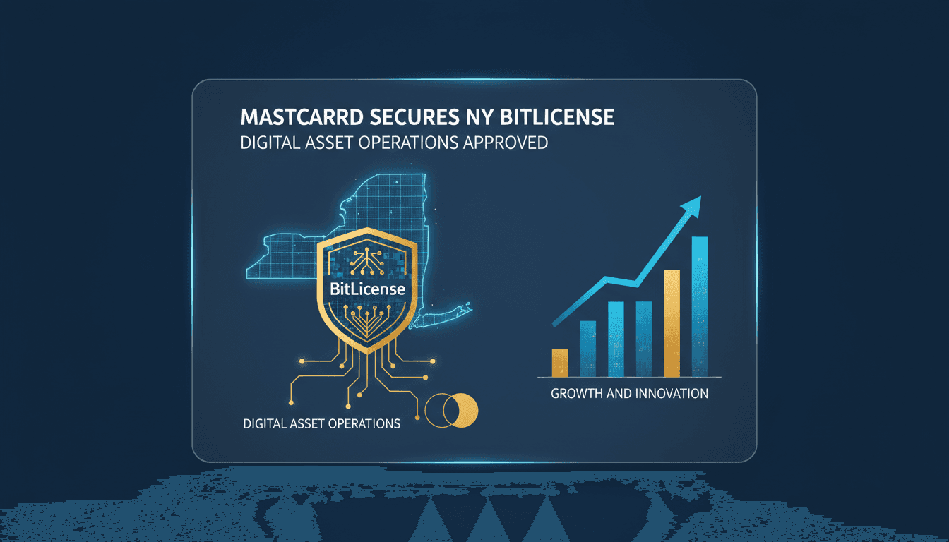 Mastercard logo with digital asset graphics in the background