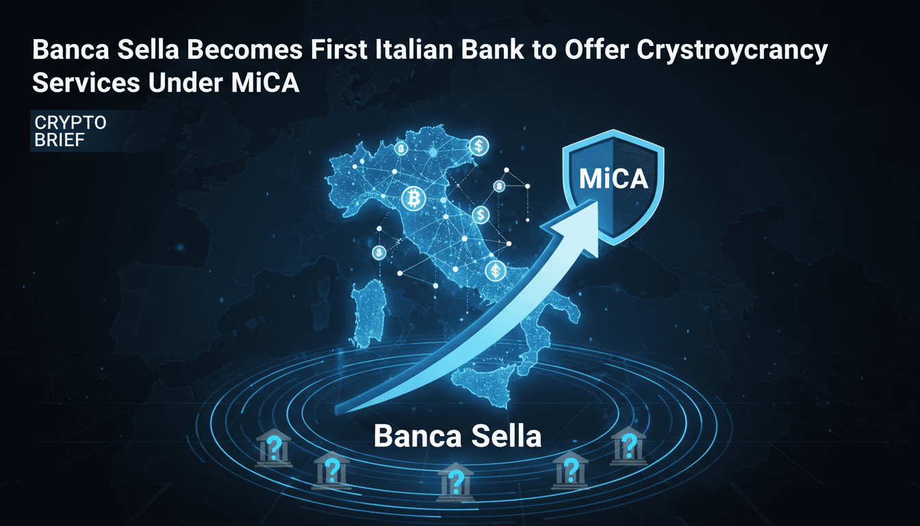Banca Sella logo with cryptocurrency symbols in the background