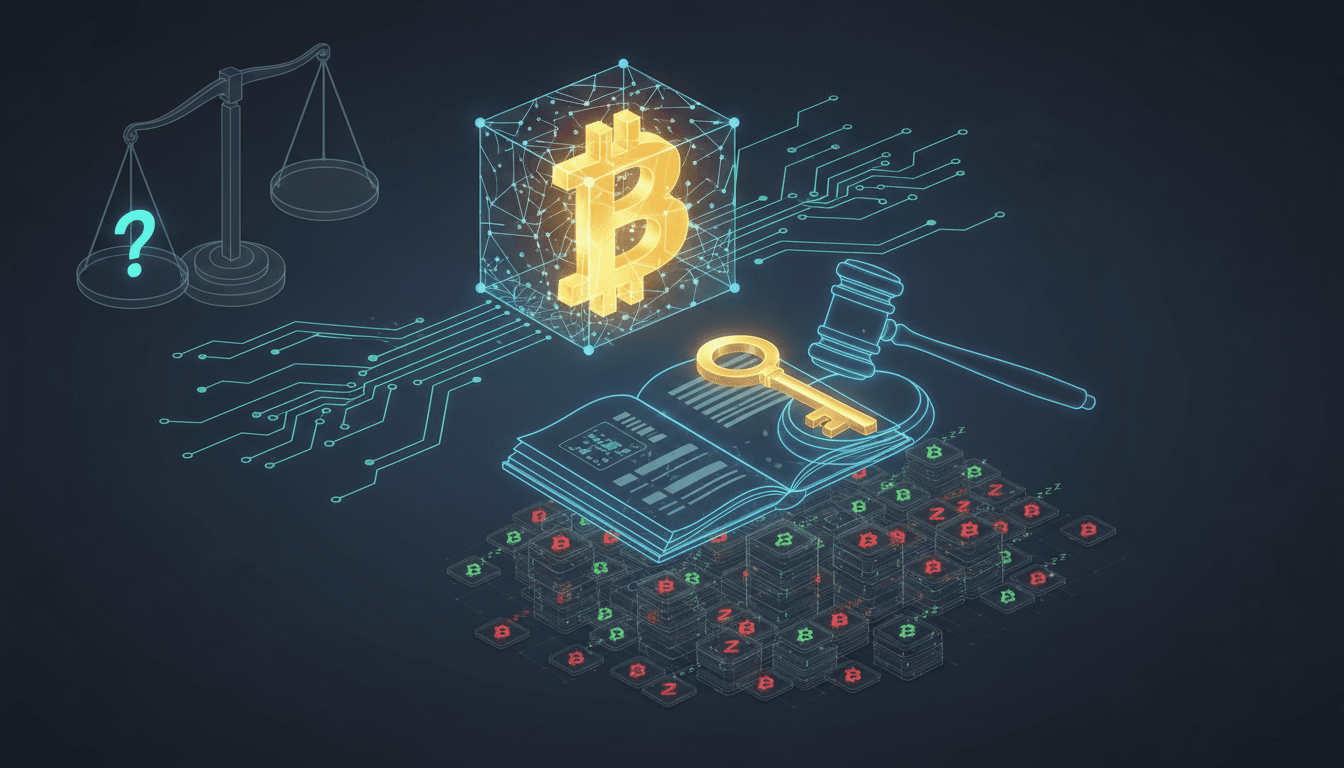 Illustration of Bitcoin wallets and legal documents related to cryptocurrency ownership.