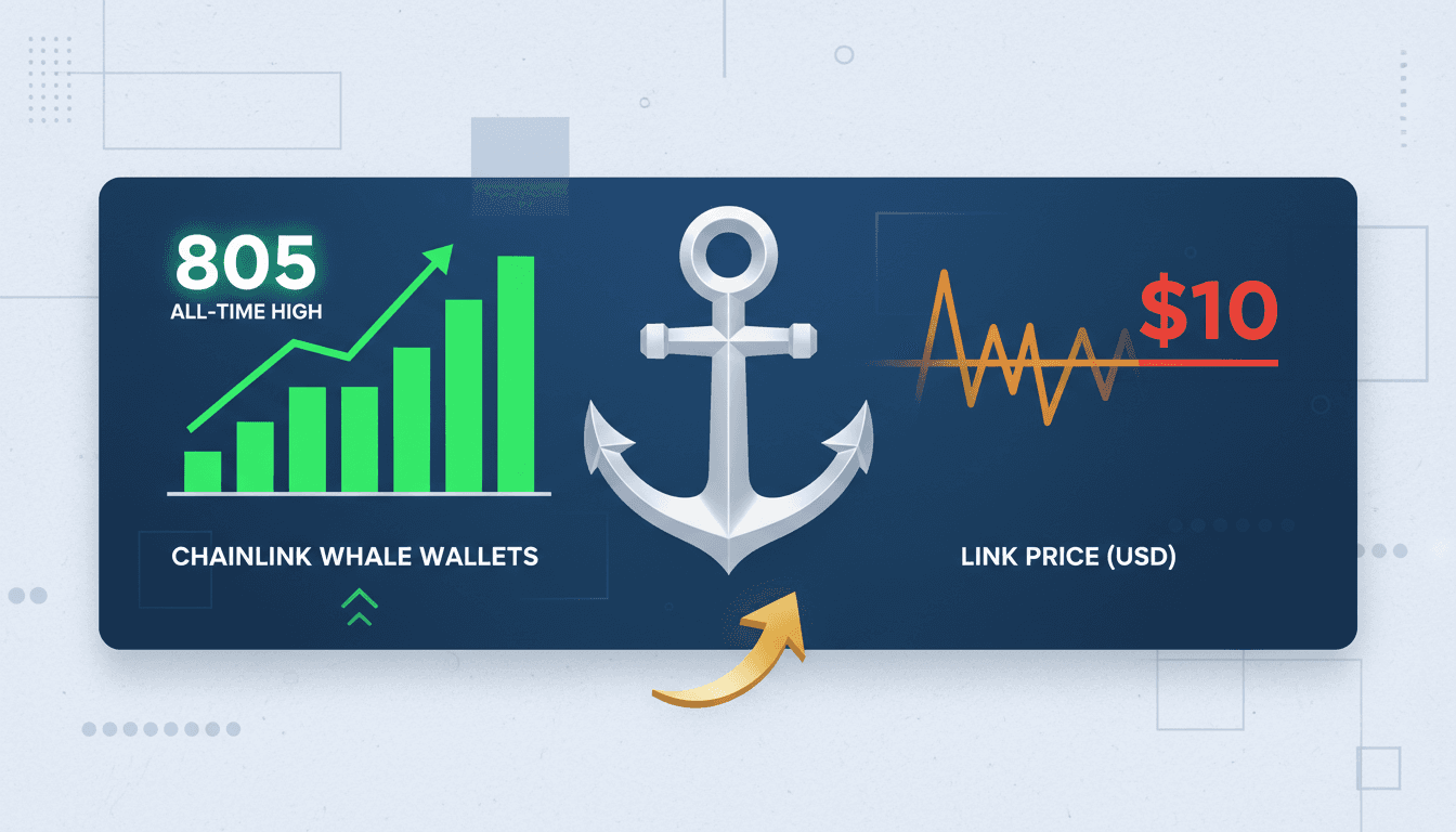 Chainlink logo with a graph showing whale wallet accumulation trends.