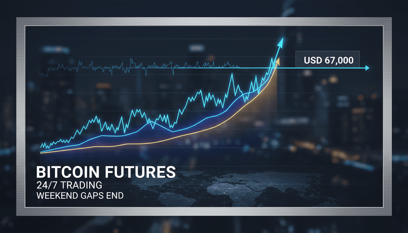 Bitcoin futures trading graphic illustrating 24/7 market access and price targets.