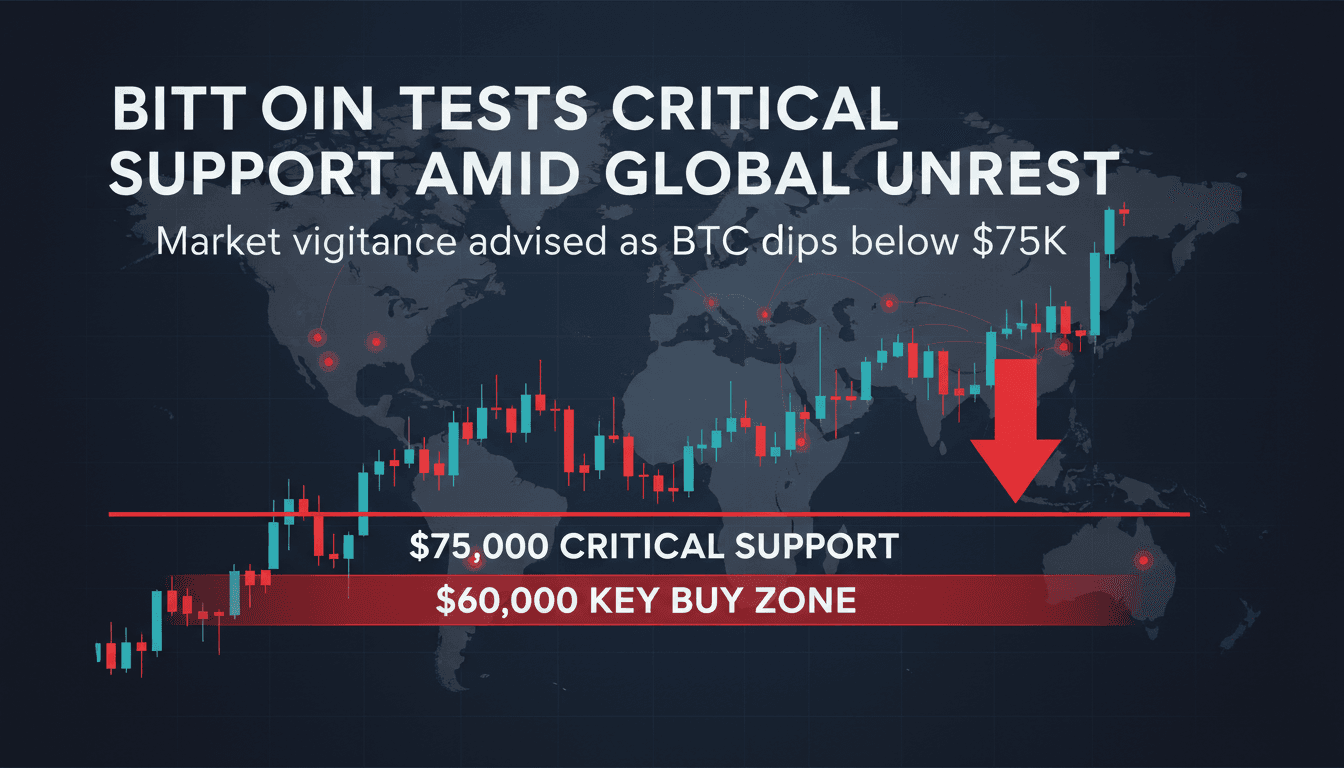 Bitcoin price chart showing critical support levels and recent declines.