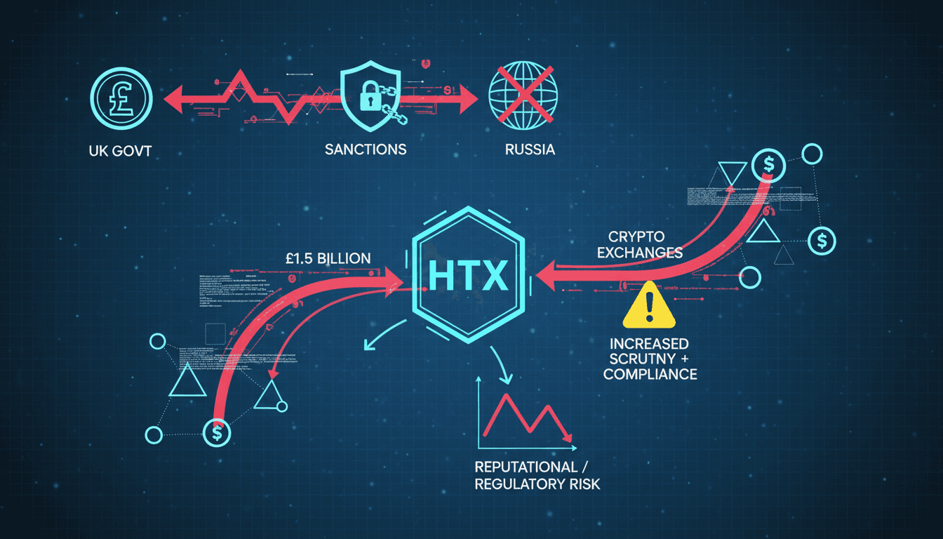 HTX cryptocurrency exchange logo with a backdrop of regulatory documents