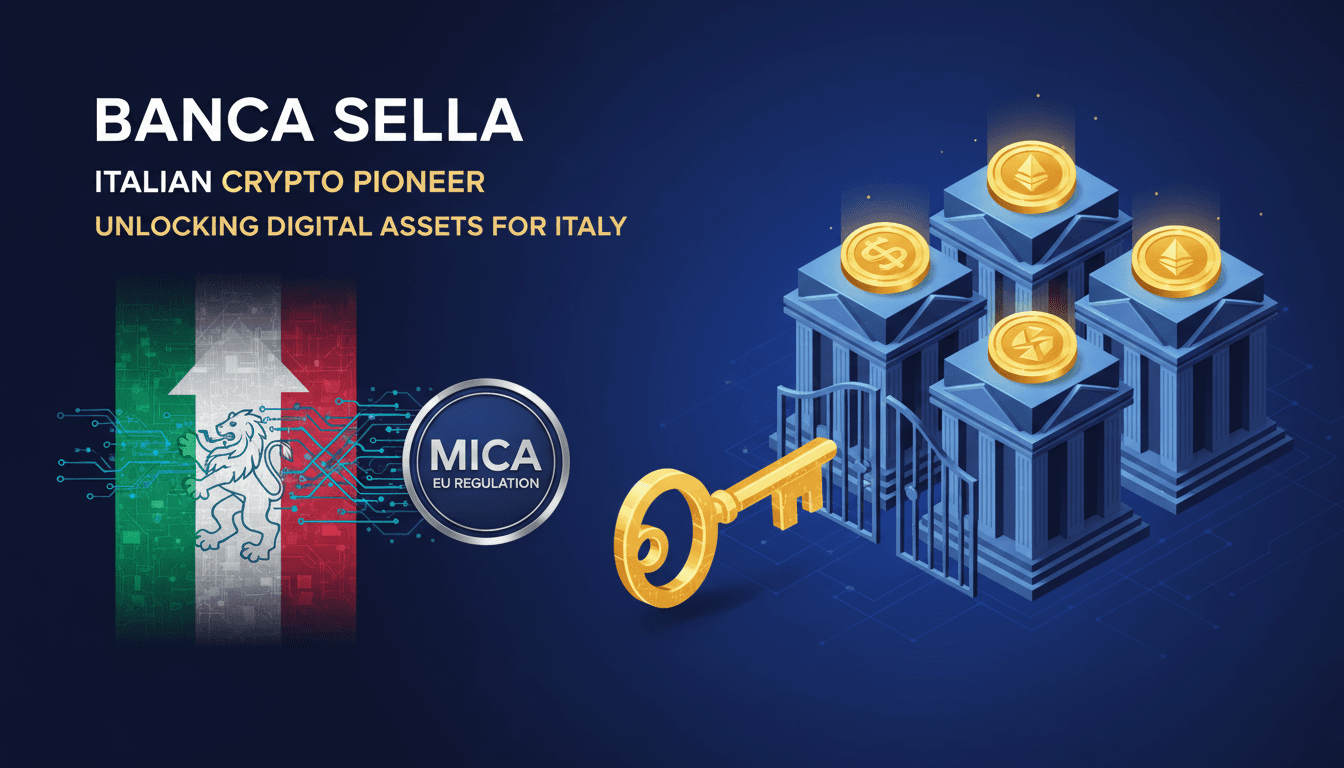 Banca Sella logo with cryptocurrency symbols in the background