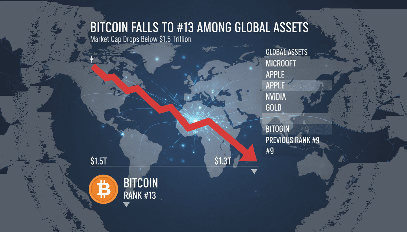 Bitcoin market cap decline and its impact on global asset rankings