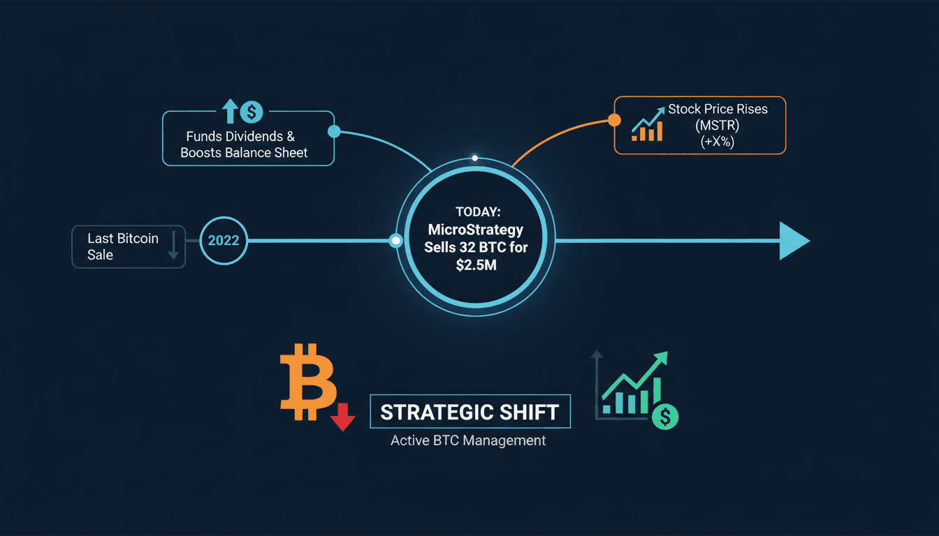 Infographic detailing MicroStrategy's Bitcoin sale and its effects on stock prices.