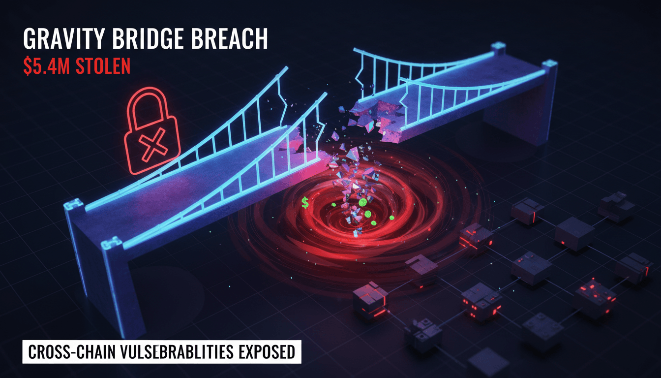 Illustration of the Gravity Bridge security breach and its impact on DeFi.