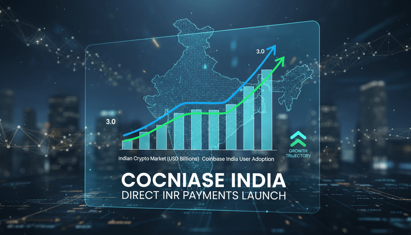 Coinbase logo with Indian Rupees symbol and cryptocurrency graphics