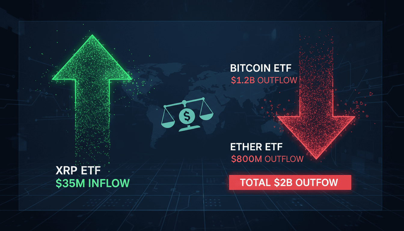 Graph showing capital flows into XRP ETFs versus outflows from Bitcoin and Ether ETFs.