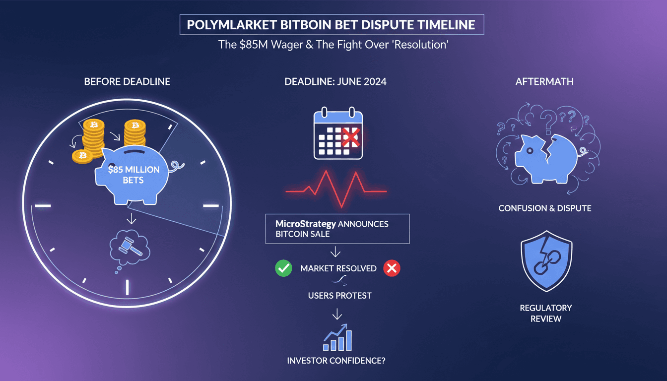 Infographic showing the timeline and betting flow in Polymarket's Bitcoin sale dispute.