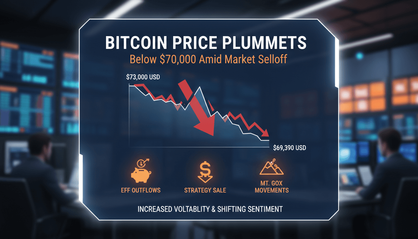 Bitcoin price chart showing recent decline below $70,000