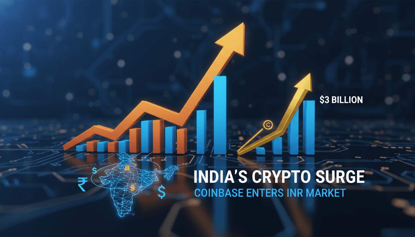 Coinbase logo with Indian currency symbols representing new trading services.