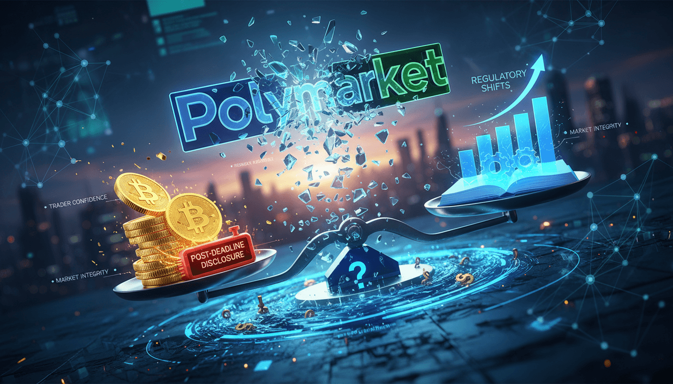 Illustration of a trading platform with Bitcoin and market dispute elements.