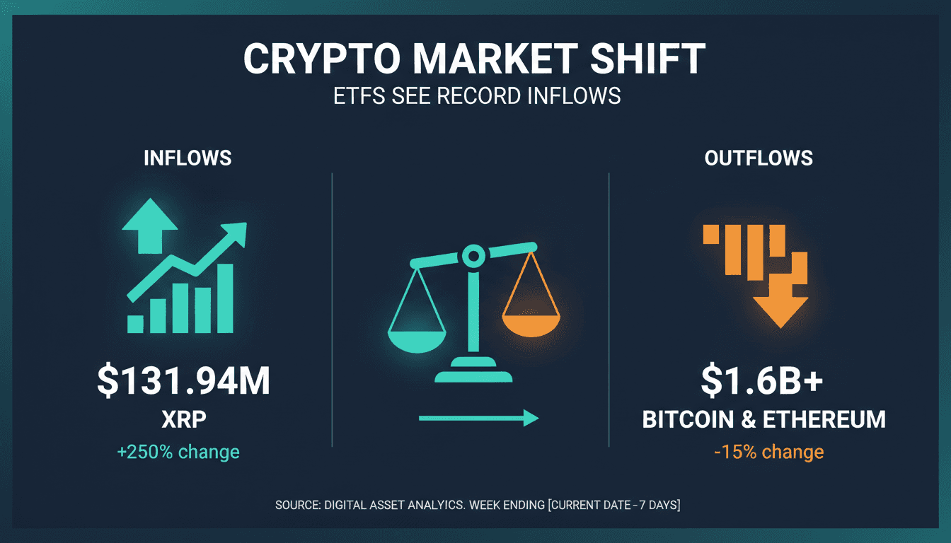 Graph showing inflows and outflows of XRP, Bitcoin, and Ethereum ETFs.