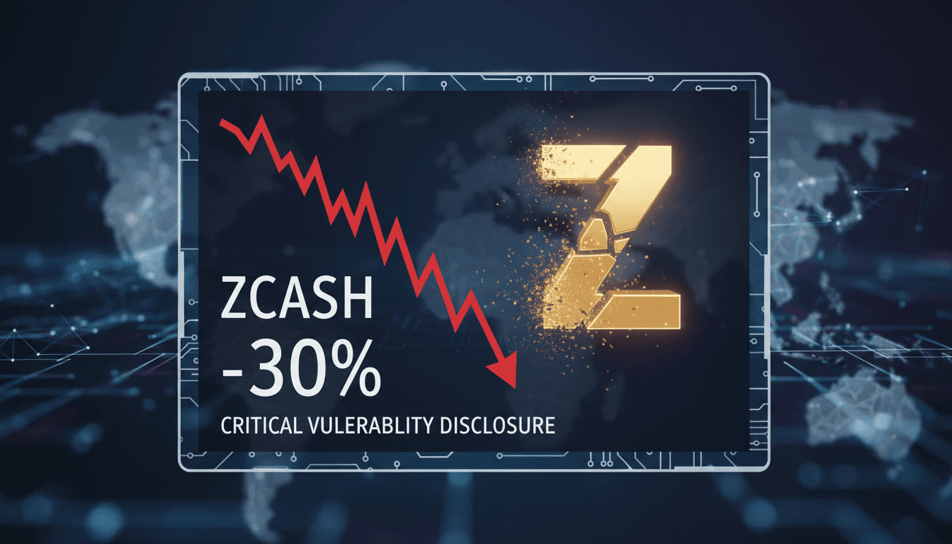Zcash logo with a downward trend graph illustrating price drop.