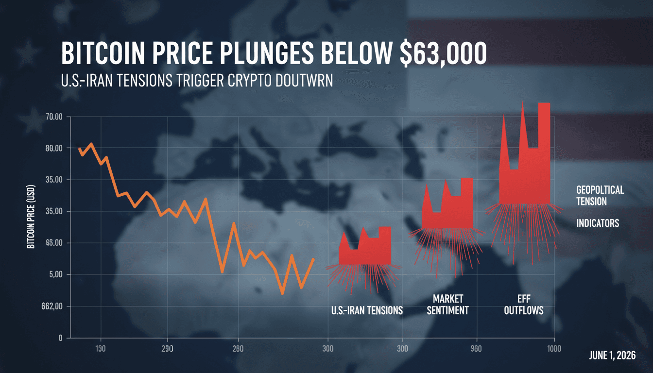 A line chart showing Bitcoin's price decline below $63,000 amid geopolitical tensions.