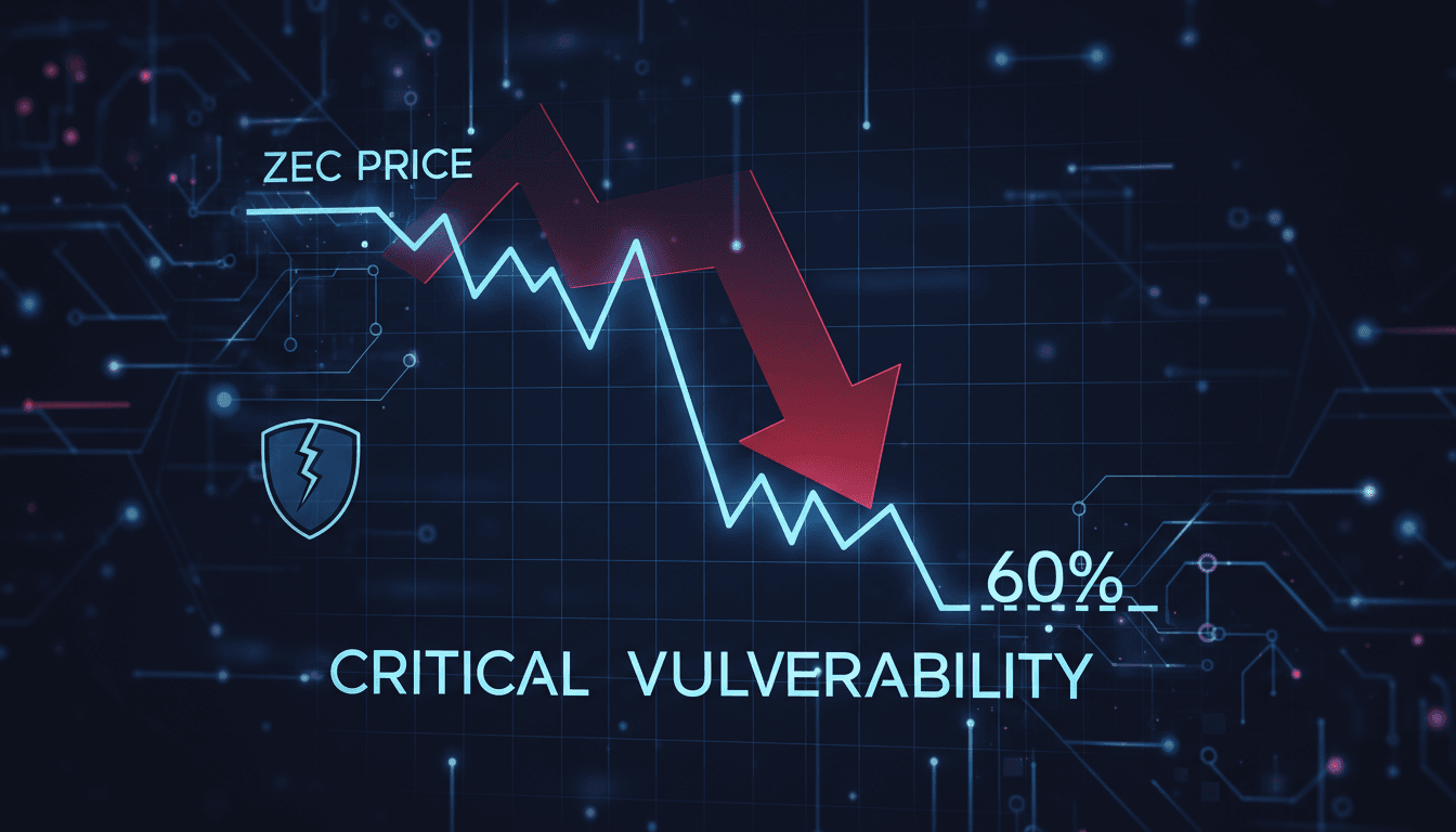 A graphic illustrating Zcash's price decline following the vulnerability disclosure in its Orchard shielded pool.