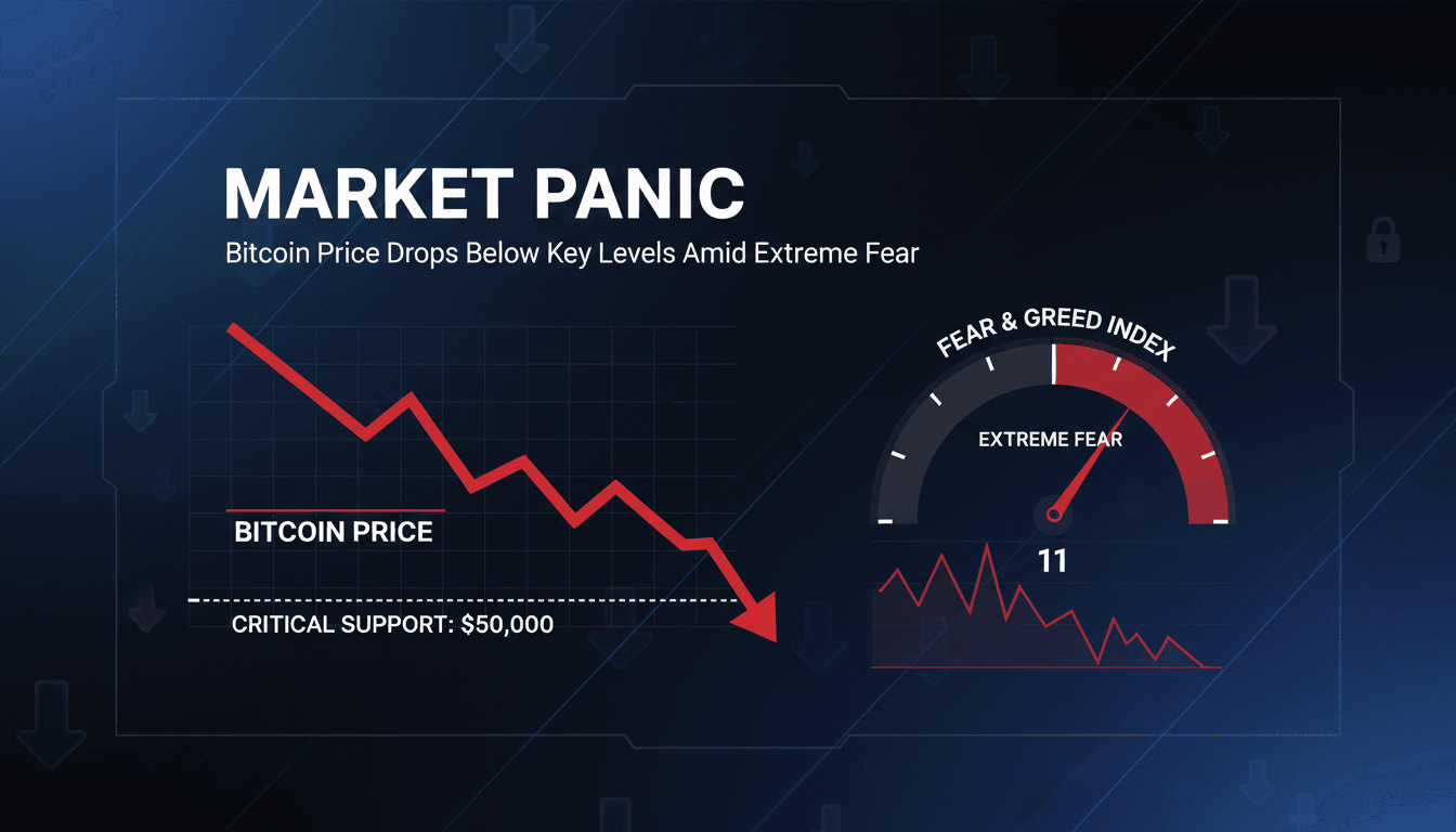 Bitcoin price chart showing recent decline and market fear indicators.
