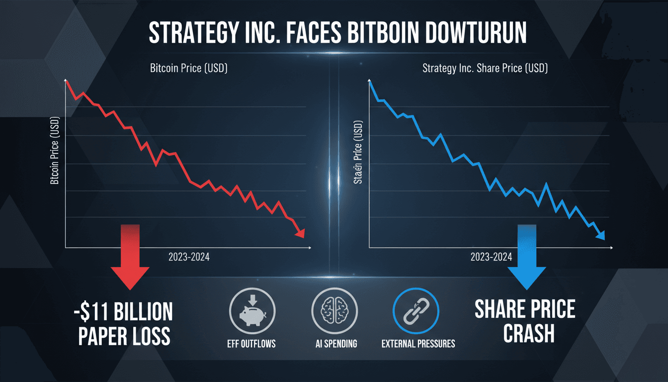Strategy Inc. logo with a Bitcoin graphic illustrating financial loss