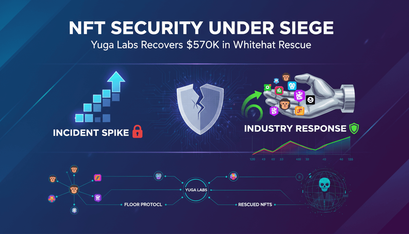 Yuga Labs logo with a backdrop of digital NFTs and security icons.