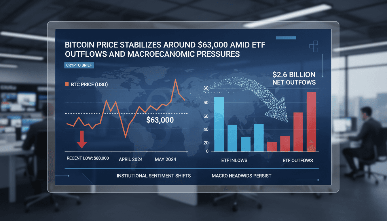 Bitcoin price chart showing stabilization around $63,000 with ETF outflows.