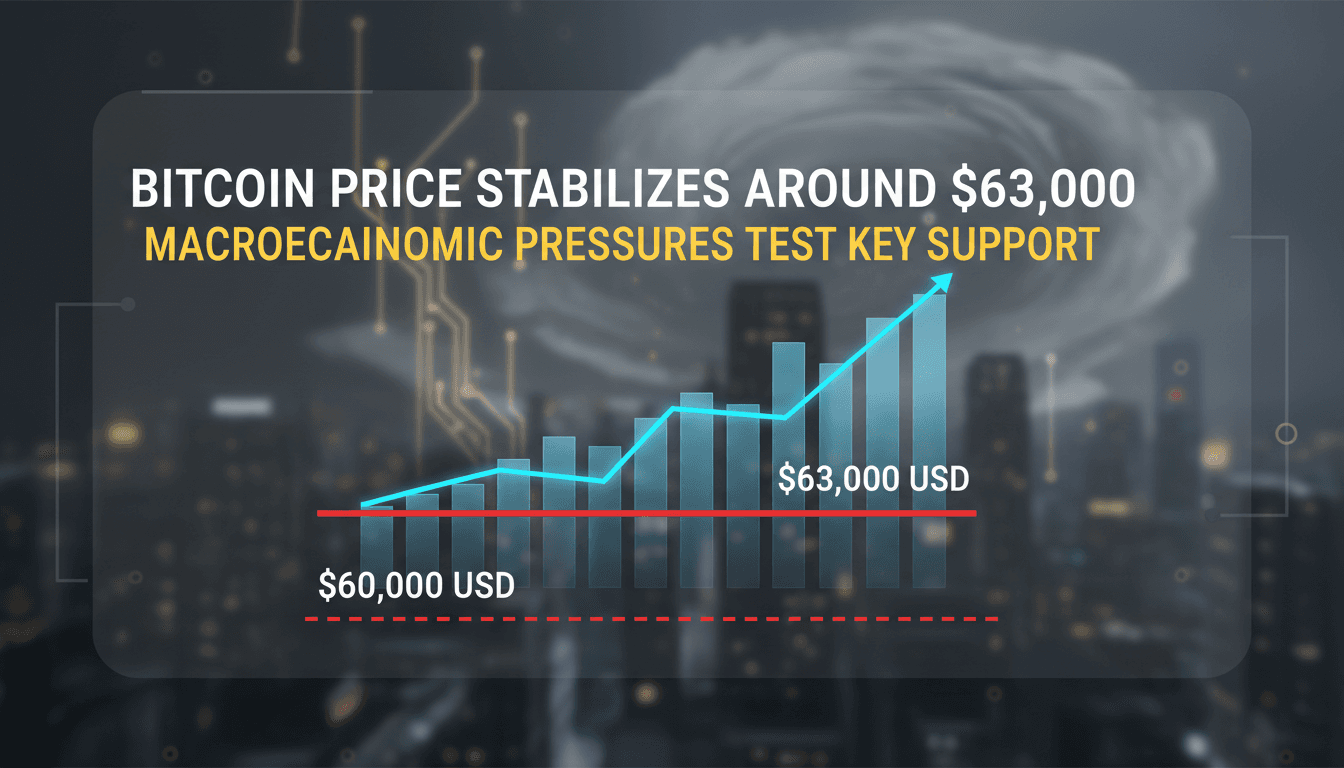 Bitcoin price chart showing stability around $63,000 with macroeconomic indicators.