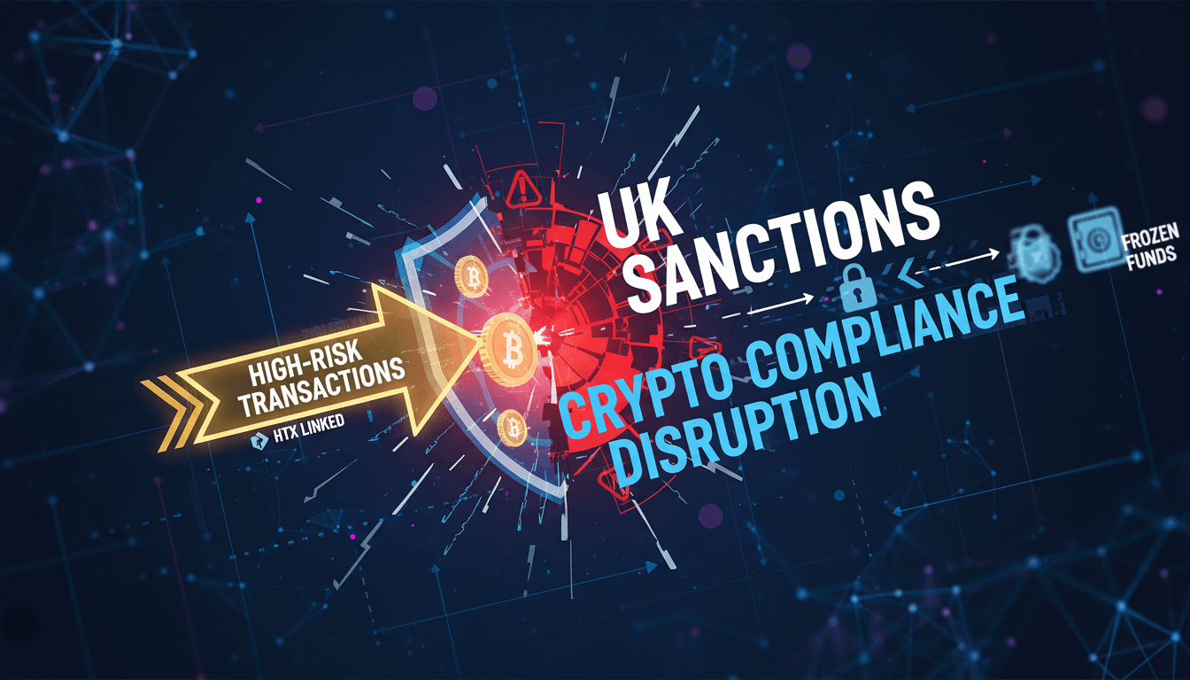 Illustration of cryptocurrency compliance challenges following UK sanctions on HTX-linked entity.