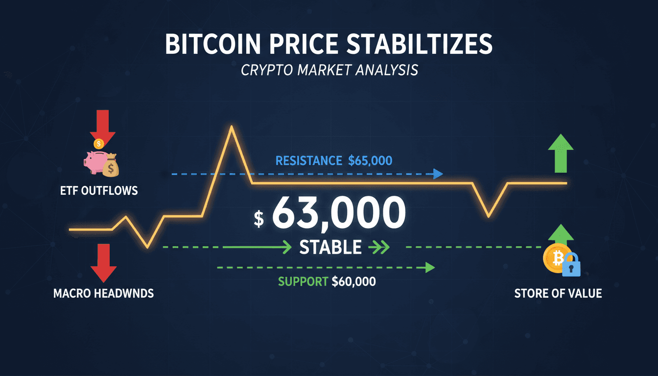 Bitcoin price chart showing stability near $63,000 with market pressures
