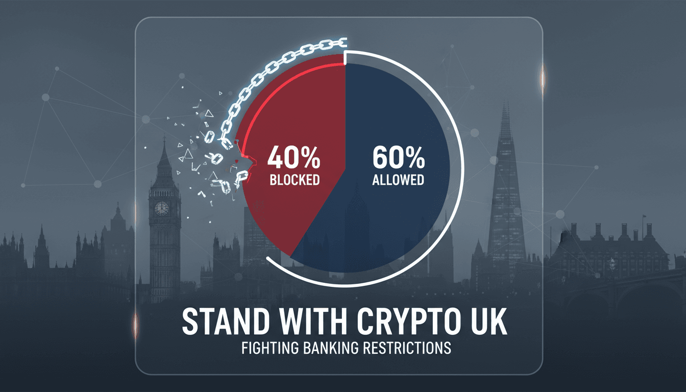 Campaign launch by Stand With Crypto UK against banking restrictions on cryptocurrency transactions.