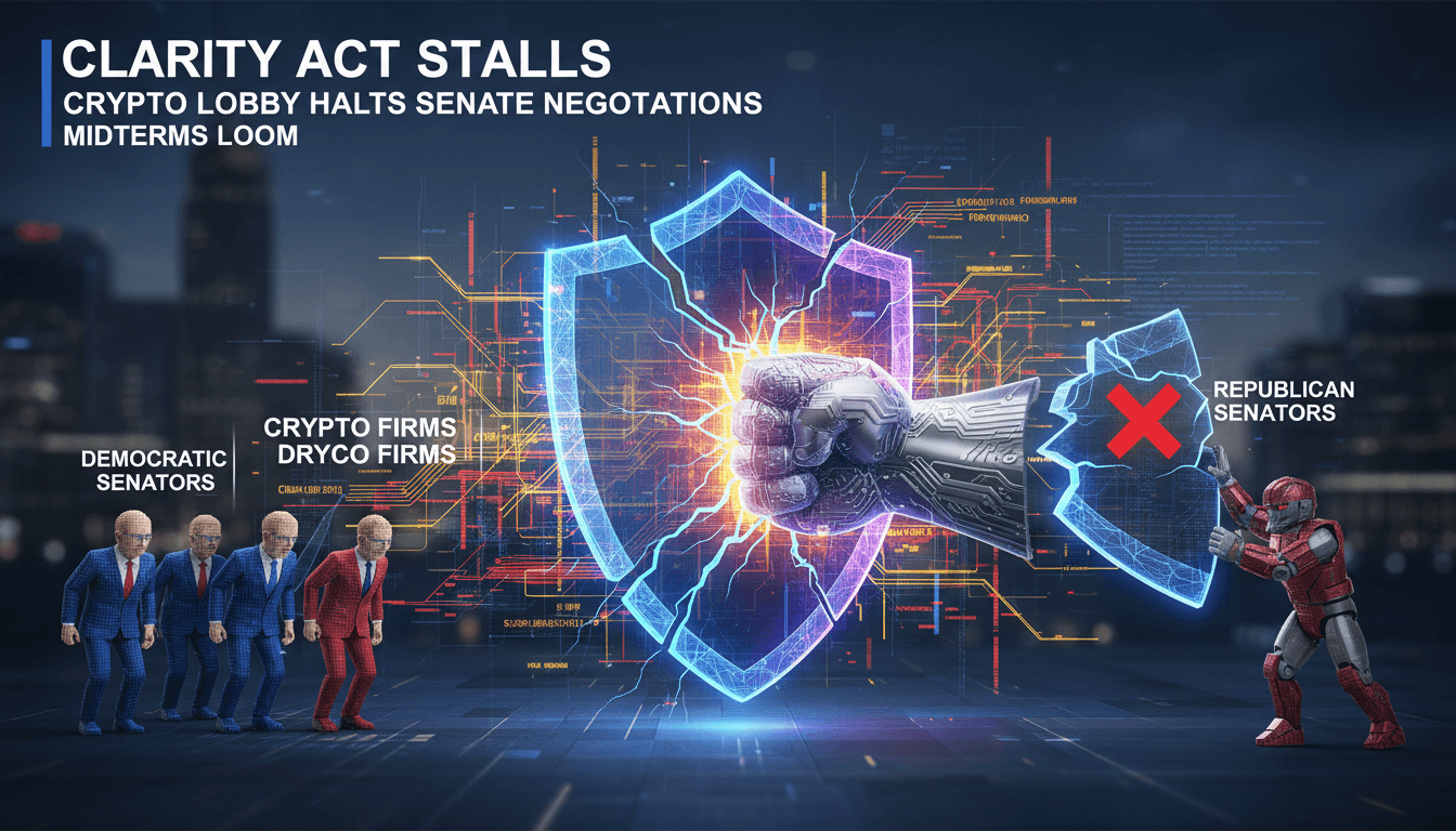 A visual representation of the stalled negotiations on the CLARITY Act and its impact on the cryptocurrency industry.